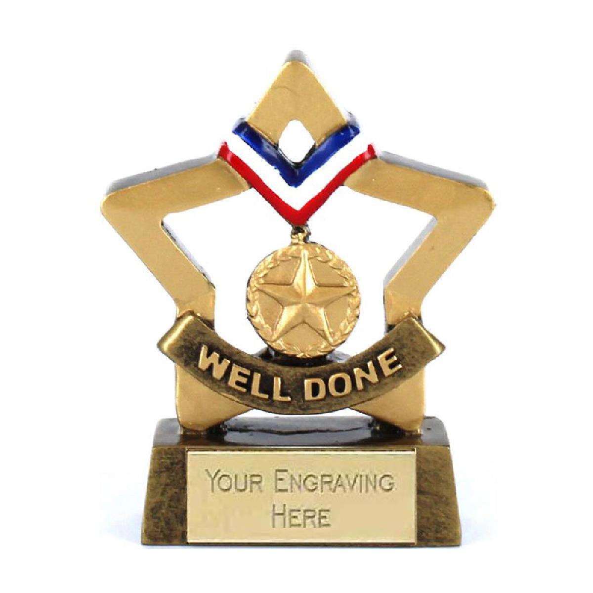 Mini Well Done Star Medal Award Trophy 8cm Resin FREE engraving and Certificate