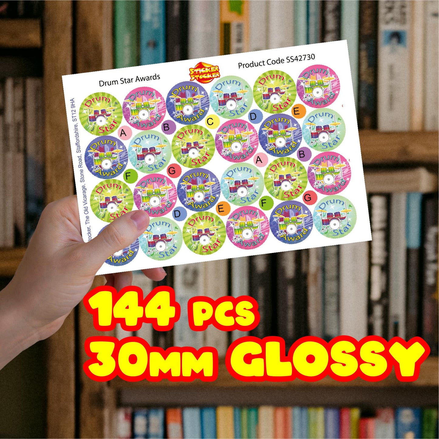 144 Drum Star Awards 30mm Reward Stickers for School Music Teachers, Parents and Nursery