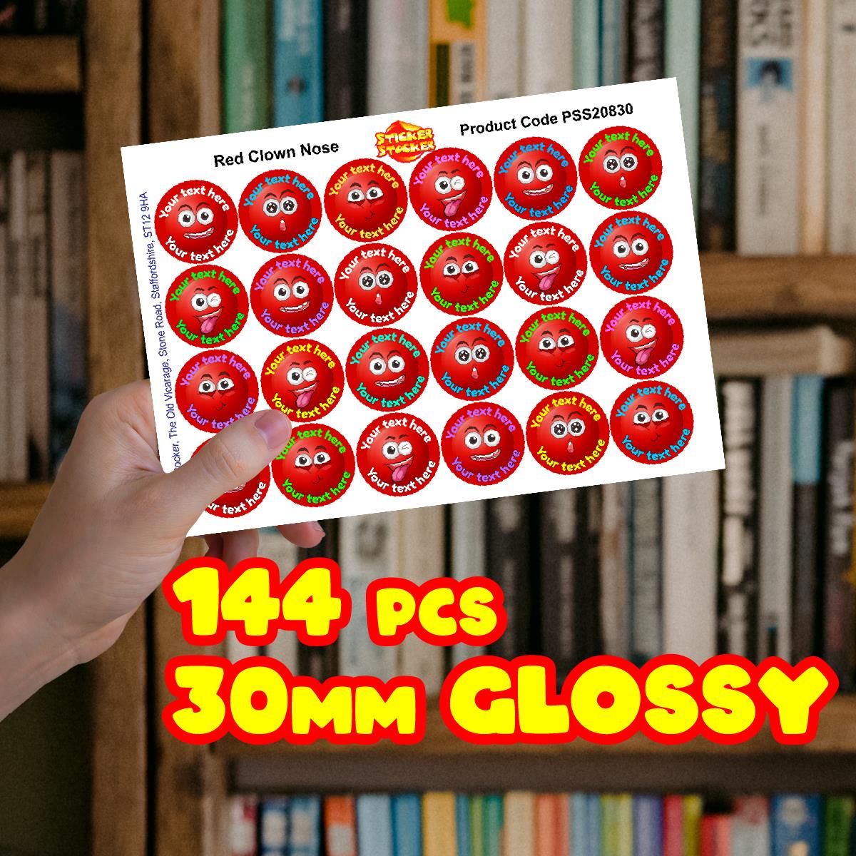 144 Personalised 30mm Red Clown Nose Children Reward Stickers for School Teachers, Parents and Nursery