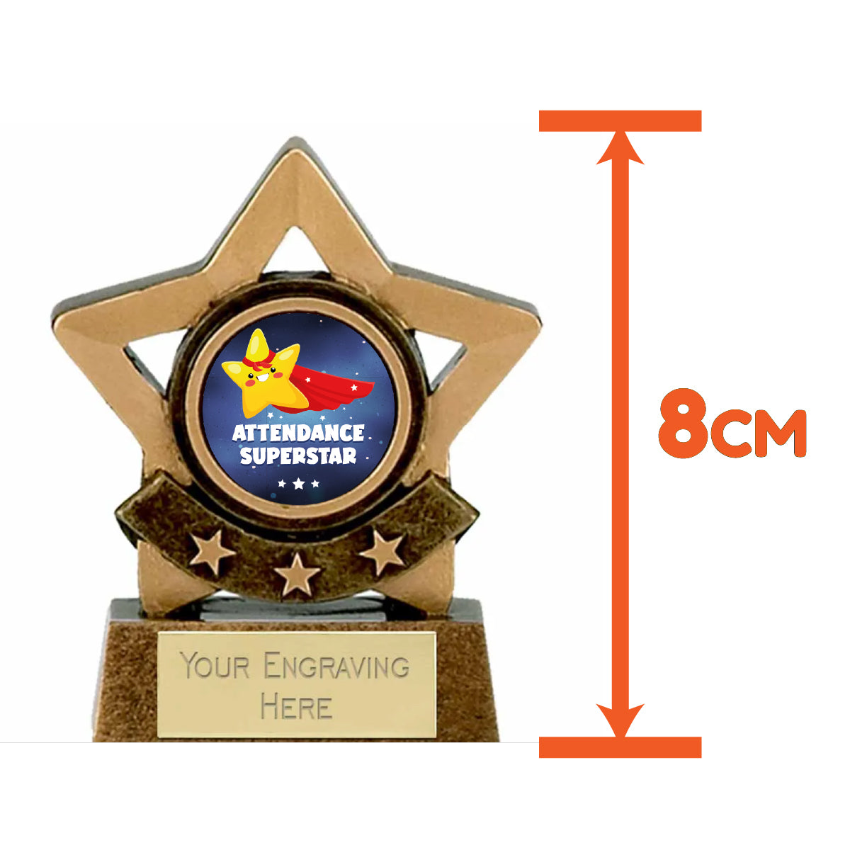 Mini Gold Star Attendance Award Trophy 8cm Resin FREE engraving and Certificate
