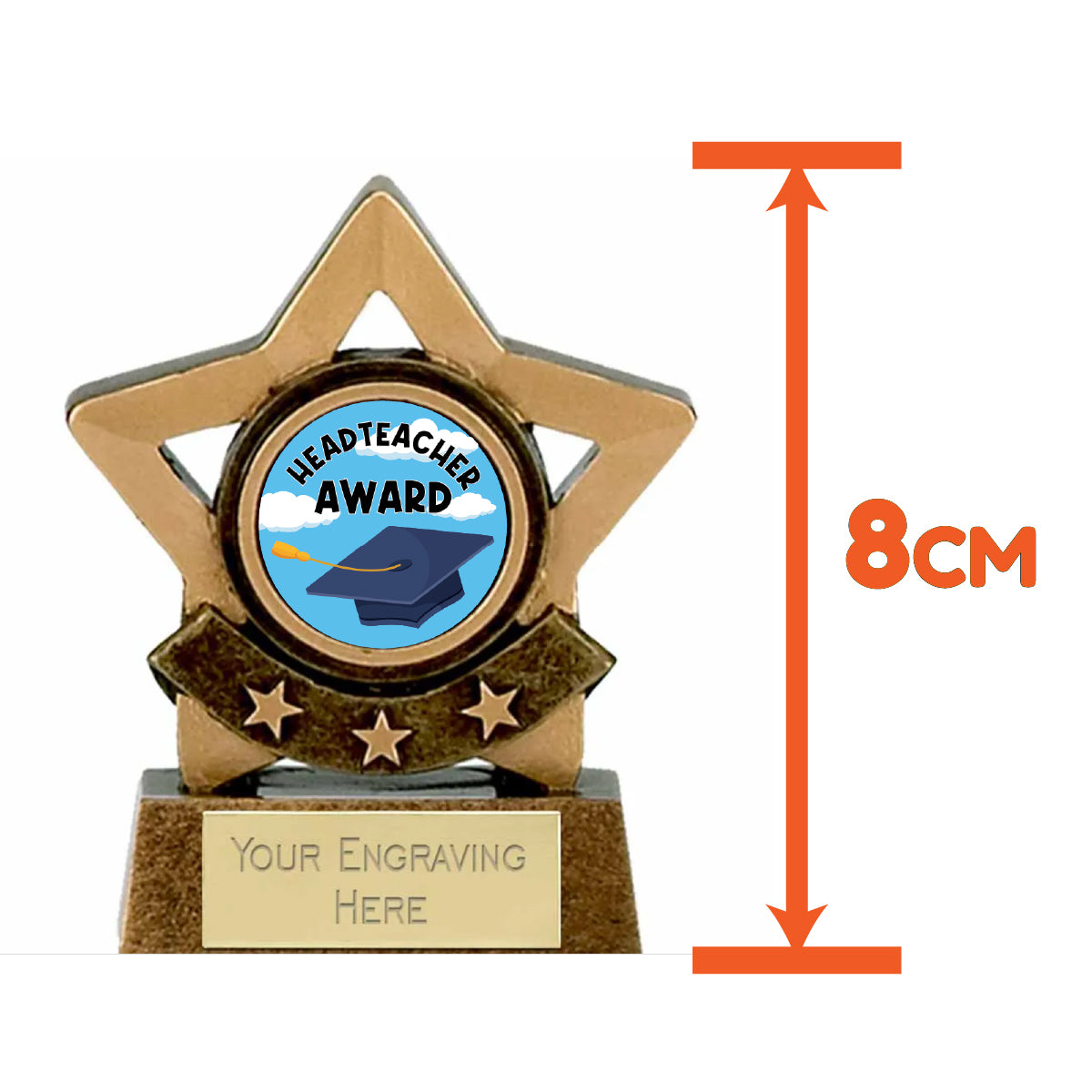 Mini Gold Star Headteacher Award Trophy 8cm Resin FREE engraving and Certificate