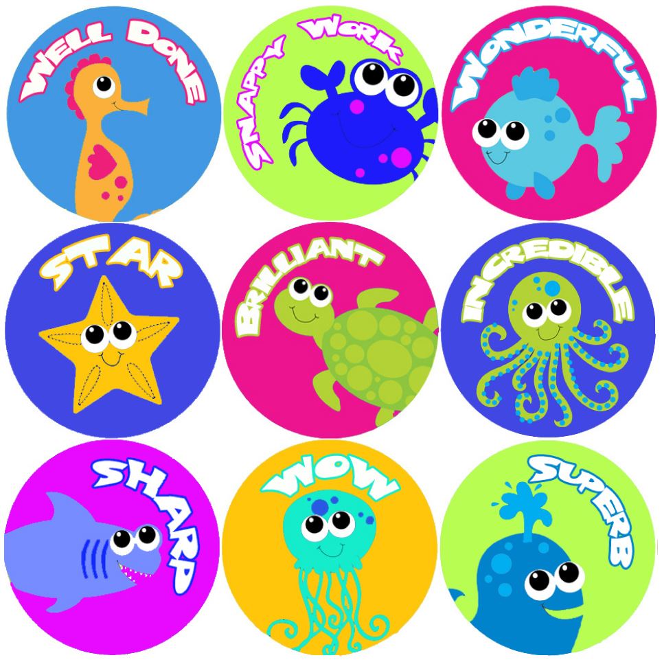 144 Sea Life Creatures Praise Words 30mm Children's Reward Stickers for Teachers or Parents