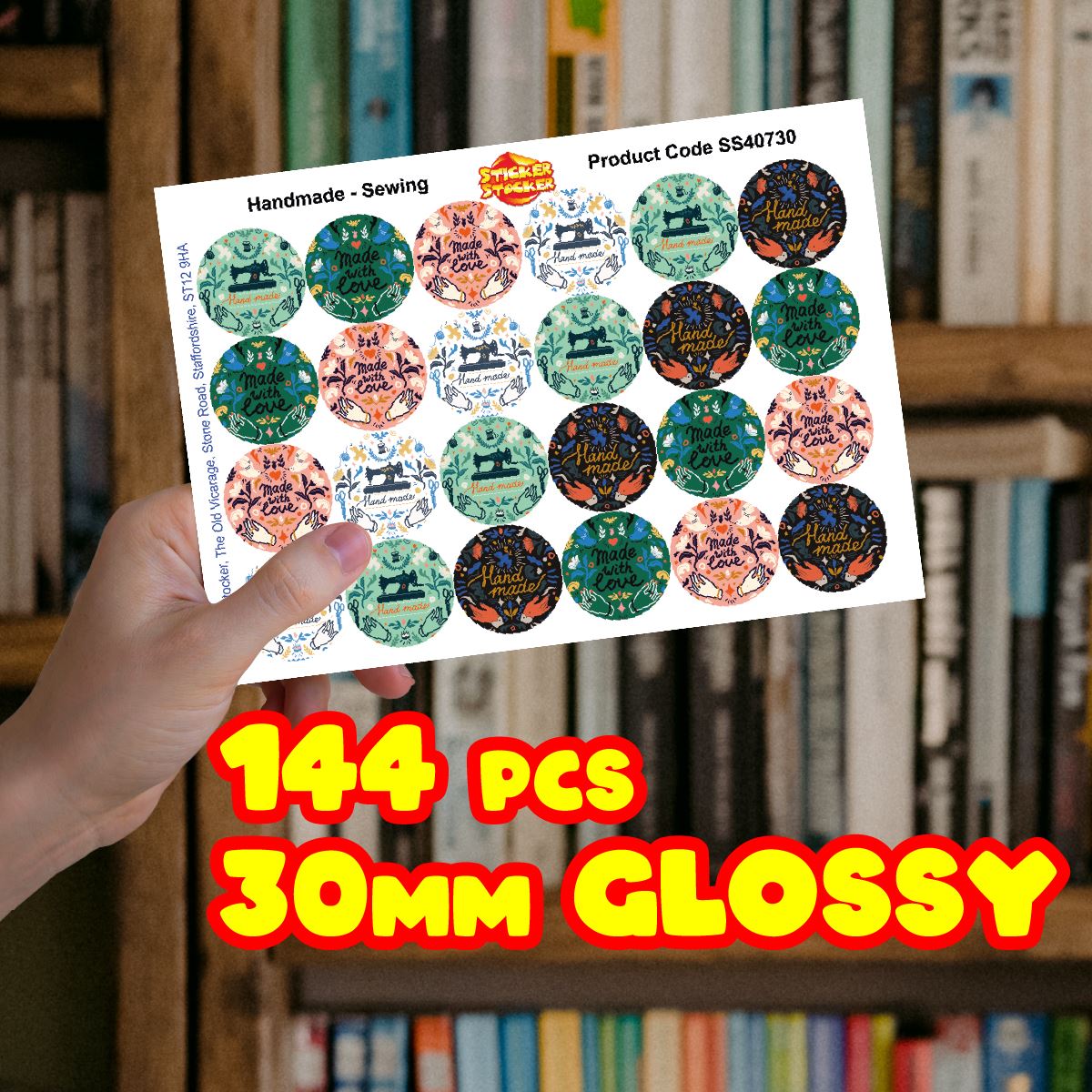 144 Handmade Sewing  30mm Stickers Glossy  Crafting Gift Packaging Seal Labels