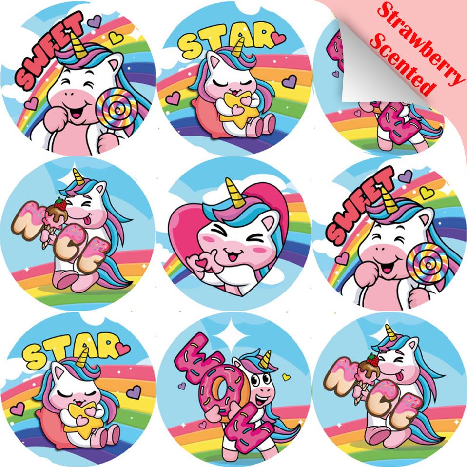 120 Strawberry Unicorns 30mm Scented Reward Stickers for Teachers, Parents and Party Bags