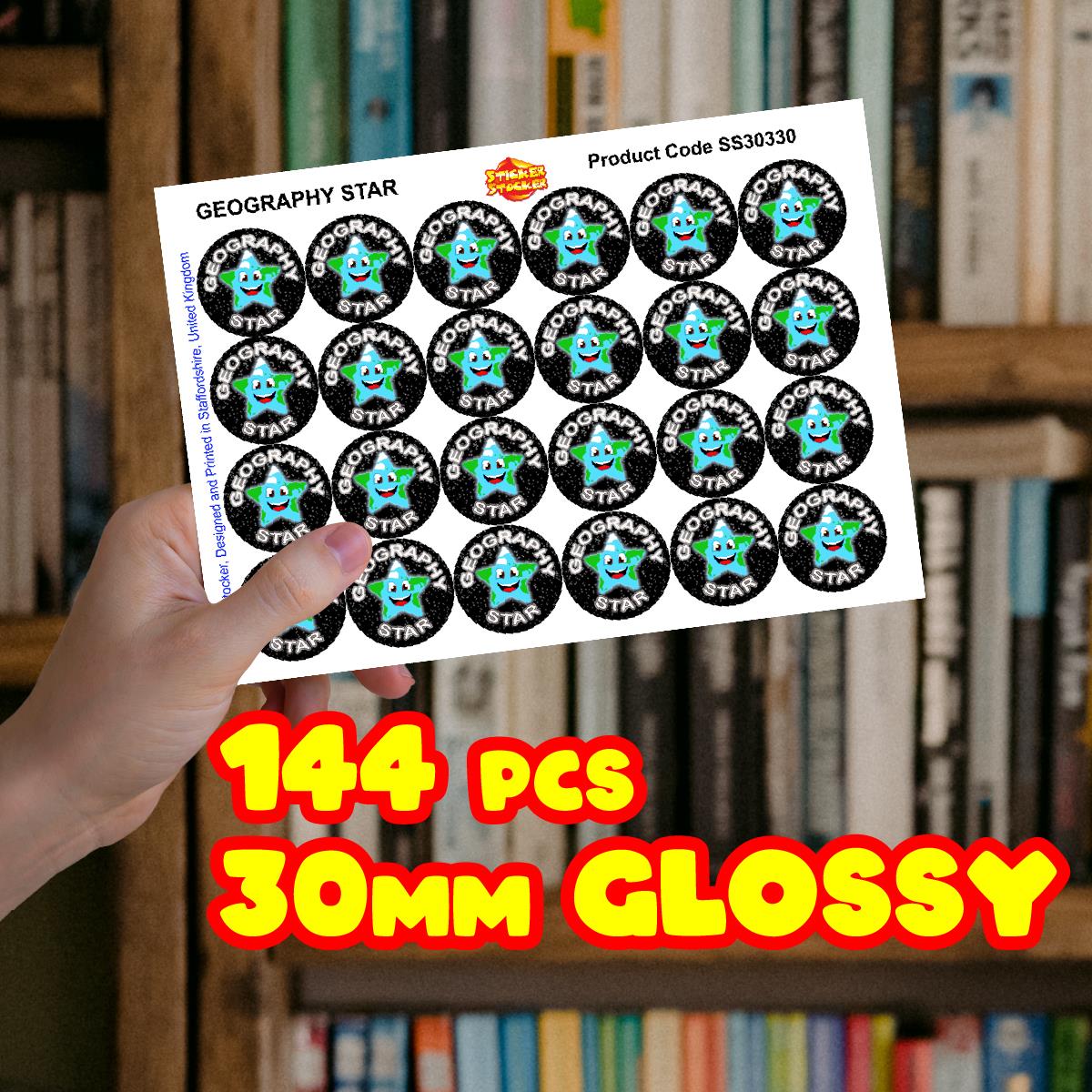 144 Star Geography - 30mm - Glossy Reward Stickers for Teachers & Parents