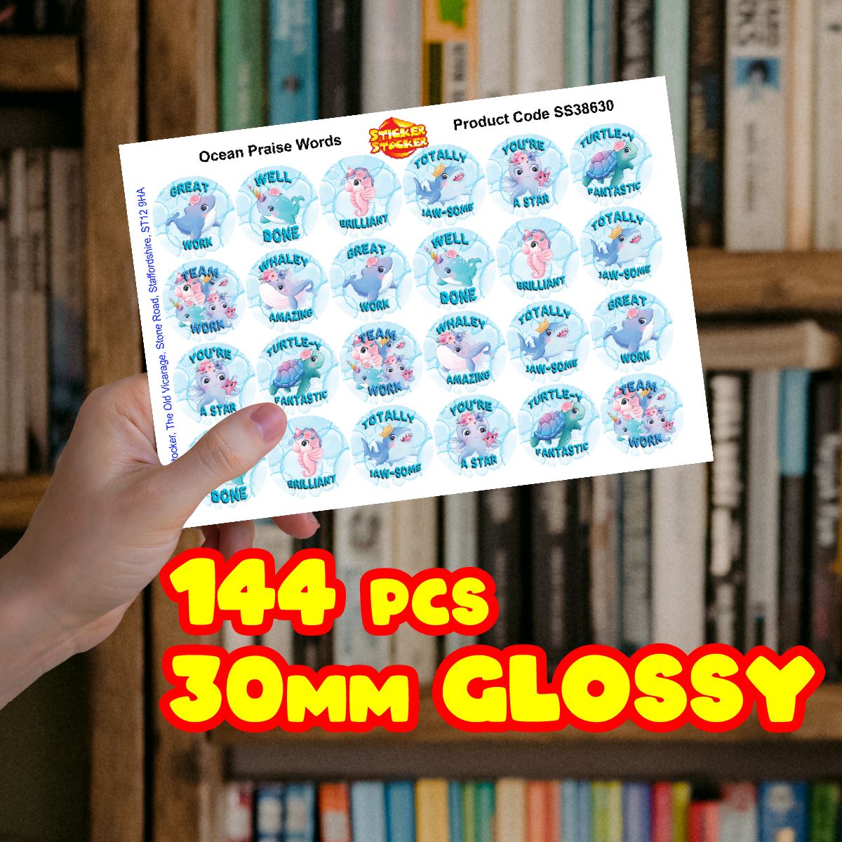 144 Ocean Praise Words 30mm Children's Reward Stickers for Teachers or Parents
