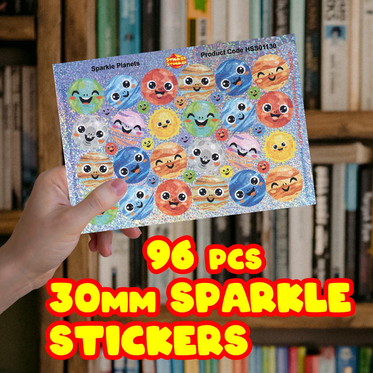 96 Sparkle Planets 30mm + 60 Free Sparkle Smiles Reward Stickers for Teachers, Parents and Schools