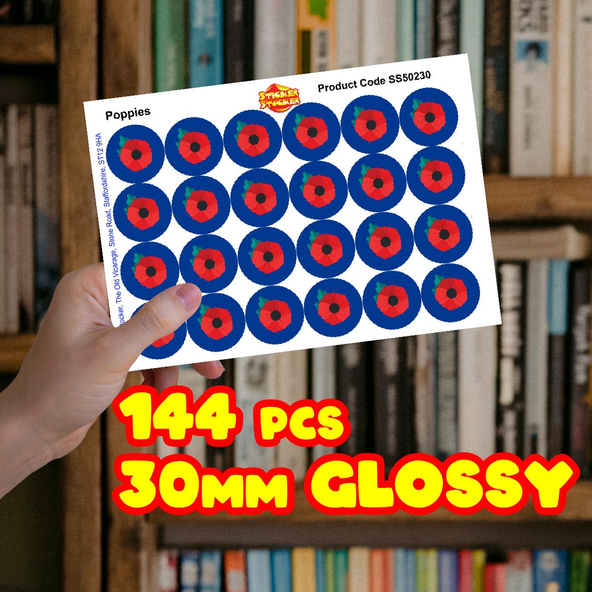 144 Poppy 30mm Reward Stickers for Schools, Remembrance