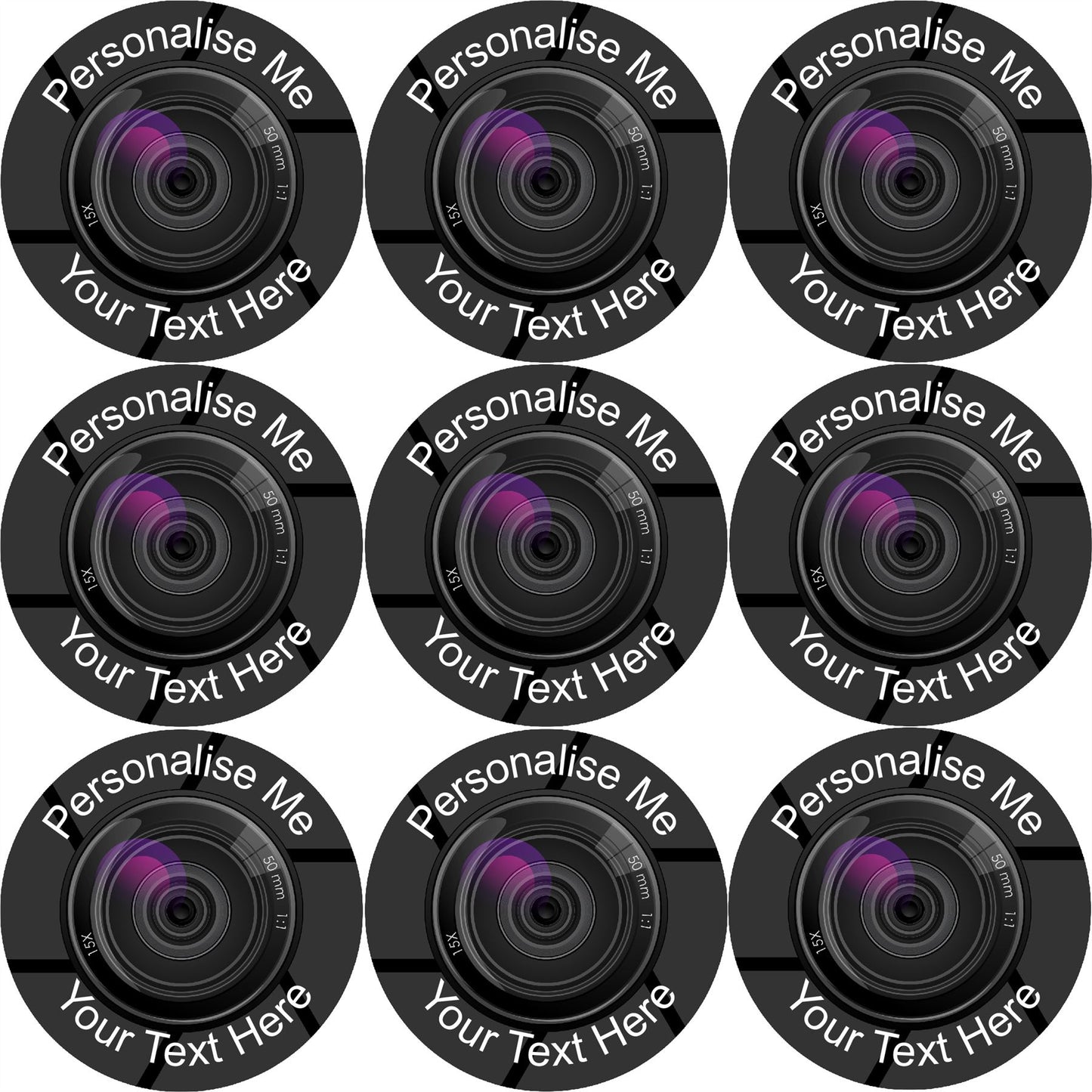 144 Personalised Camera Lens 30mm Reward Stickers for School Teachers, Parents and Nursery