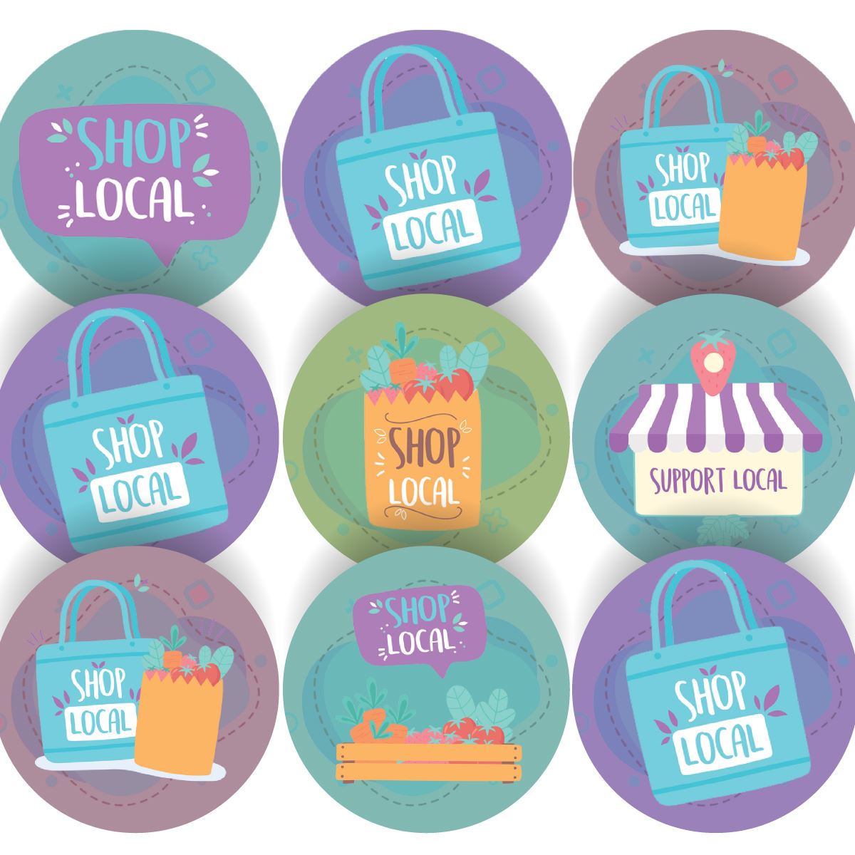 144 Shop Local 30mm Themed Glossy Labels ideal for product packaging