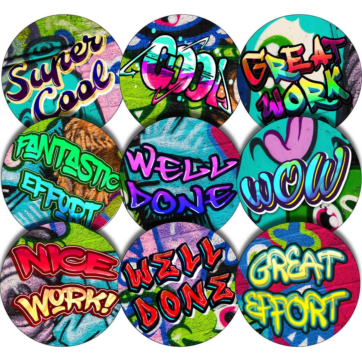 144 Graffiti Praise Words 30mm Stickers Glossy Reward Stickers for School Teachers, Parents and Nursery