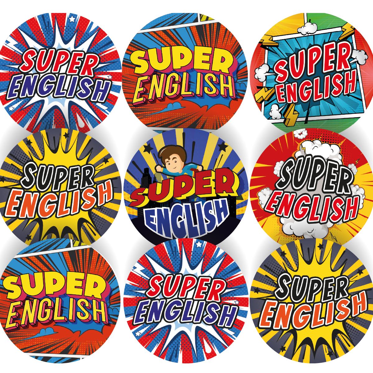 144 Superhero English  - 30mm - Glossy Reward Stickers for Teachers & Parents