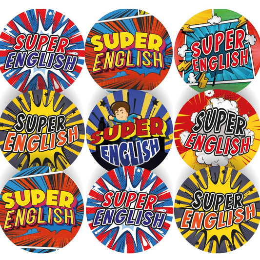 144 Superhero English  - 30mm - Glossy Reward Stickers for Teachers & Parents
