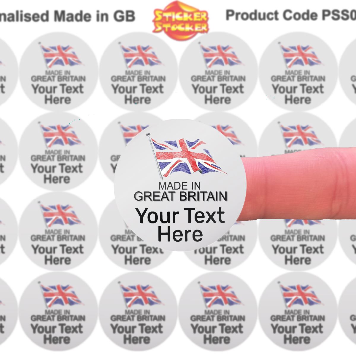 144 Personalised Made in Great Britain 30mm Union Jack UK Glossy Stickers Labels