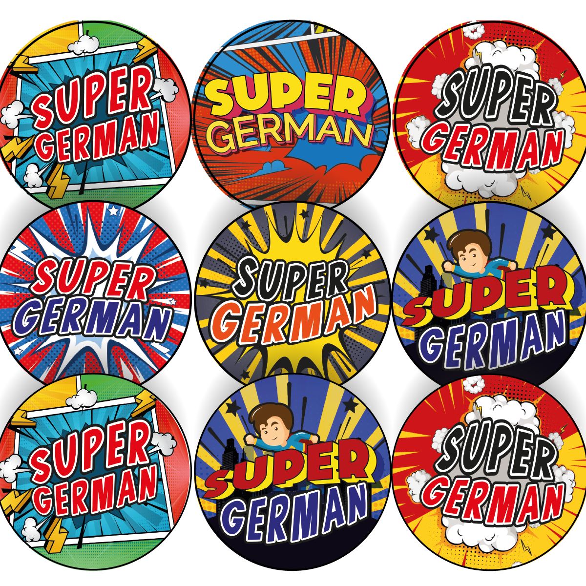 144 German Superhero Comic Stickers - 30mm Glossy Reward Stickers for Teachers & Parents