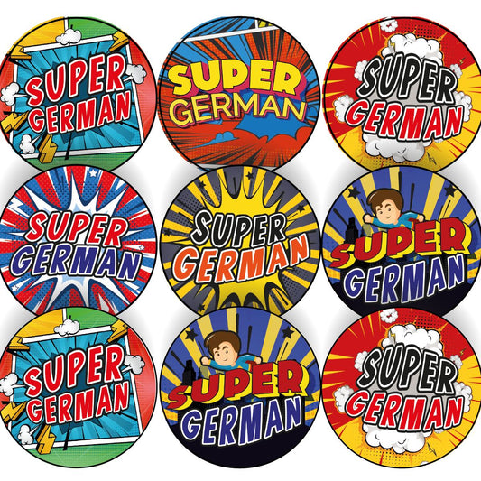 144 German Superhero Comic Stickers - 30mm Glossy Reward Stickers for Teachers & Parents