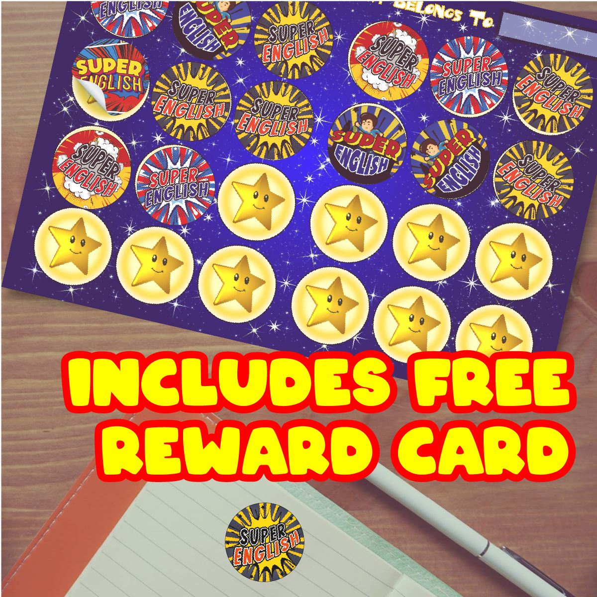 144 Superhero English  - 30mm - Glossy Reward Stickers for Teachers & Parents