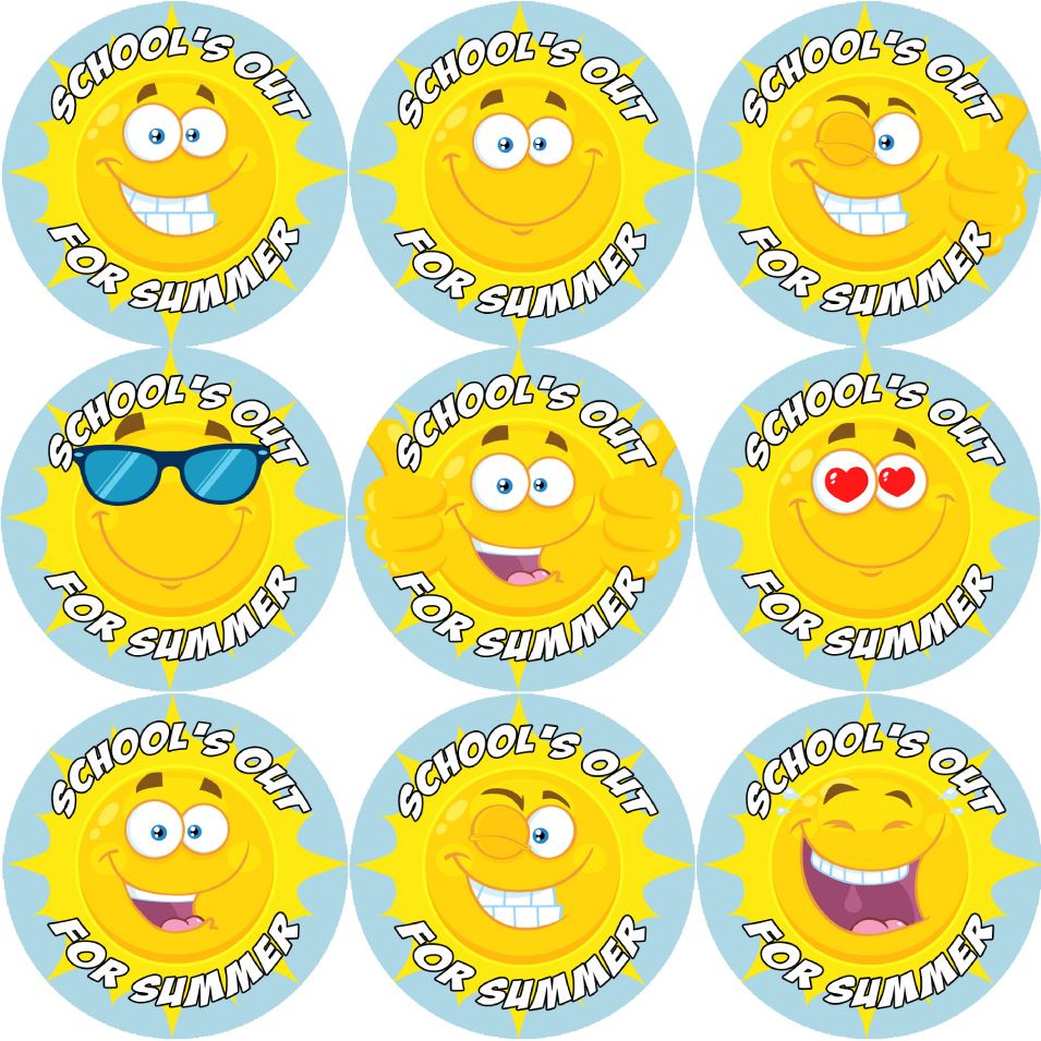 144 Schools out for Summer - Sunshine End of Term Year Teacher Reward Stickers Size 30mm