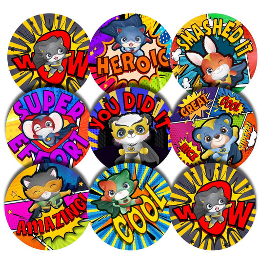 144 Super Hero Animal Comic Praise 30mm Stickers Glossy Reward Stickers for School Teachers, Parents and Nursery