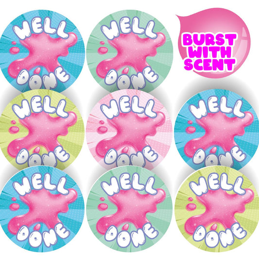 120 Bubblegum Well Done 30mm Bubble Gum Scented Reward Stickers for Teachers, Parents and Party Bags