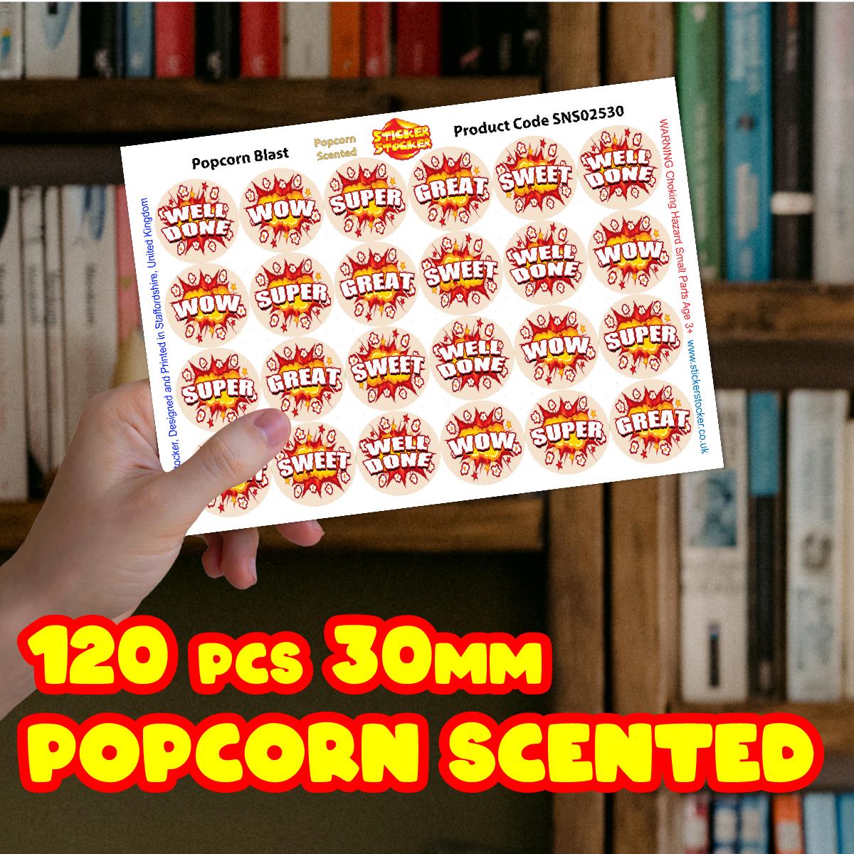 120 Popcorn Praise Words 30mm Popcorn Scented Reward Stickers for Teachers, Parents and Party Bags
