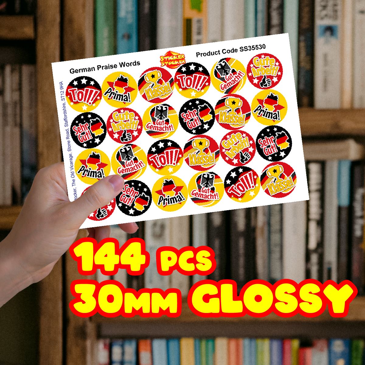 144 Super German Praise Word Stickers - 30mm Glossy Reward Stickers for Teachers & Parents