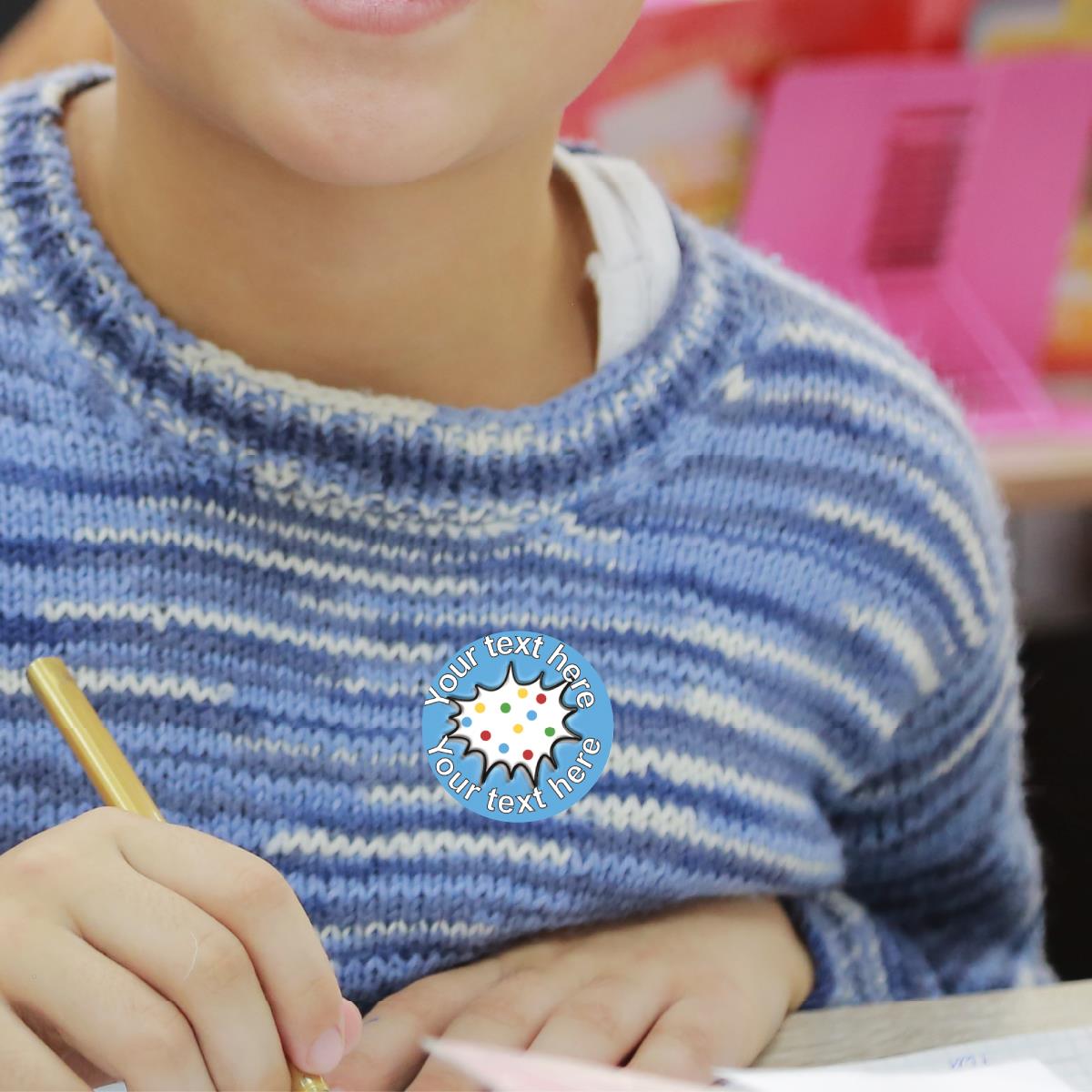 144 Personalised 30mm Colourful Polkadot Comic Reward Stickers for School Teachers, Parents and Nursery