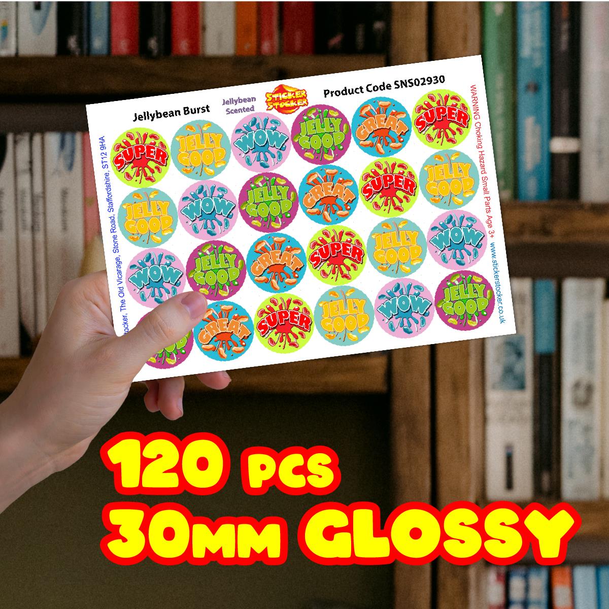 120 Jellybean Burst Scented  30mm Reward Stickers for Teachers, Parents and Party Bags