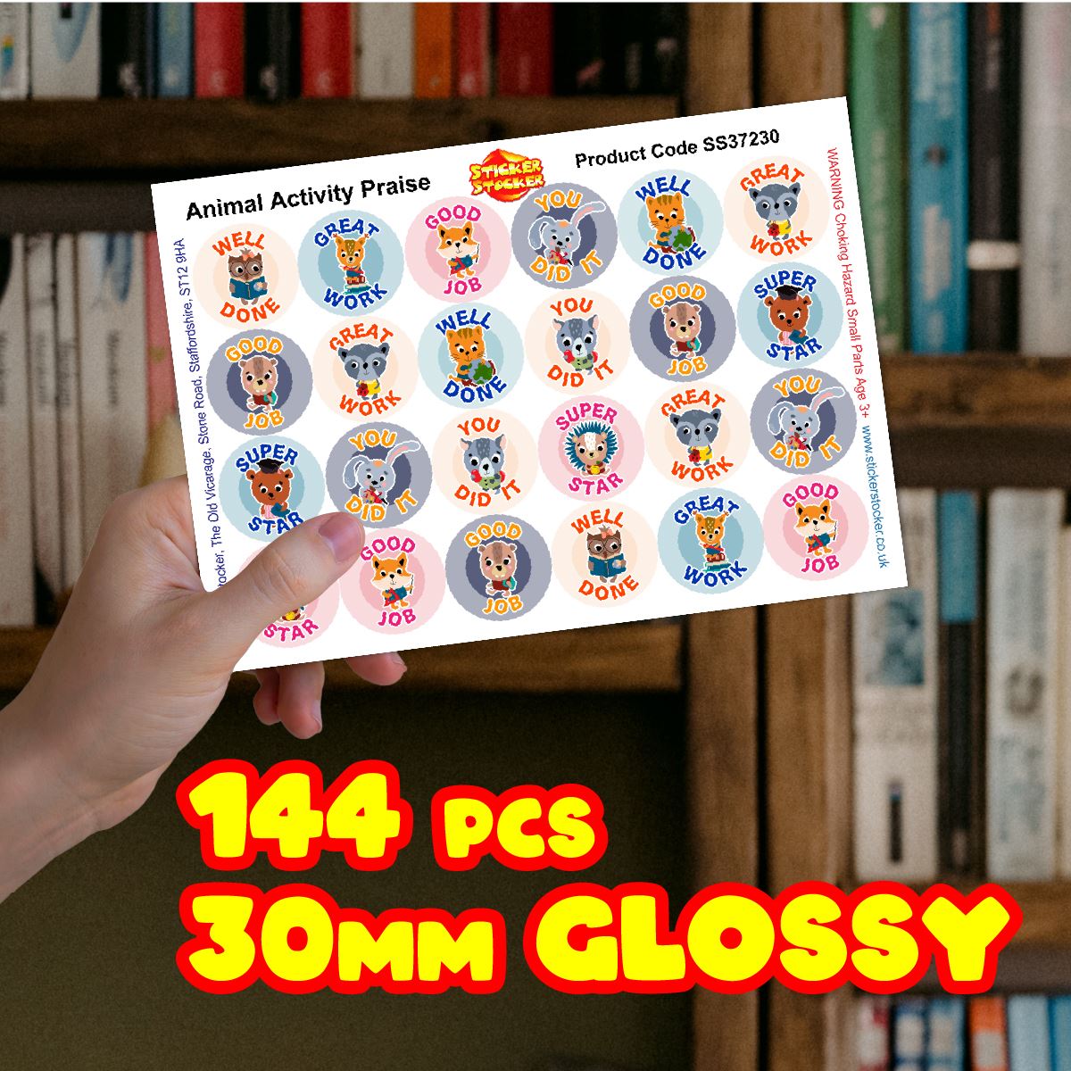 144 Animal Activity Praise Words Stickers - 30mm - Glossy Reward Stickers for Teachers & Parents