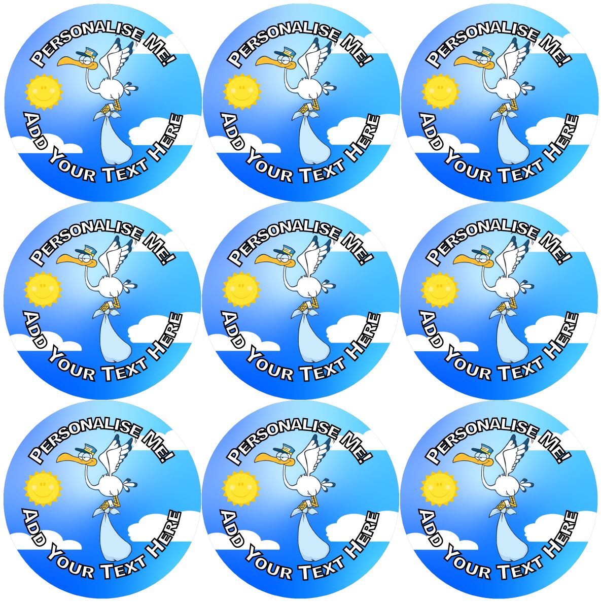 144 Baby Shower Stork - Blue 30mm Personalised Stickers