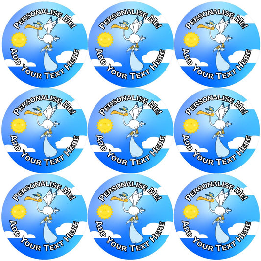 144 Baby Shower Stork - Blue 30mm Personalised Stickers