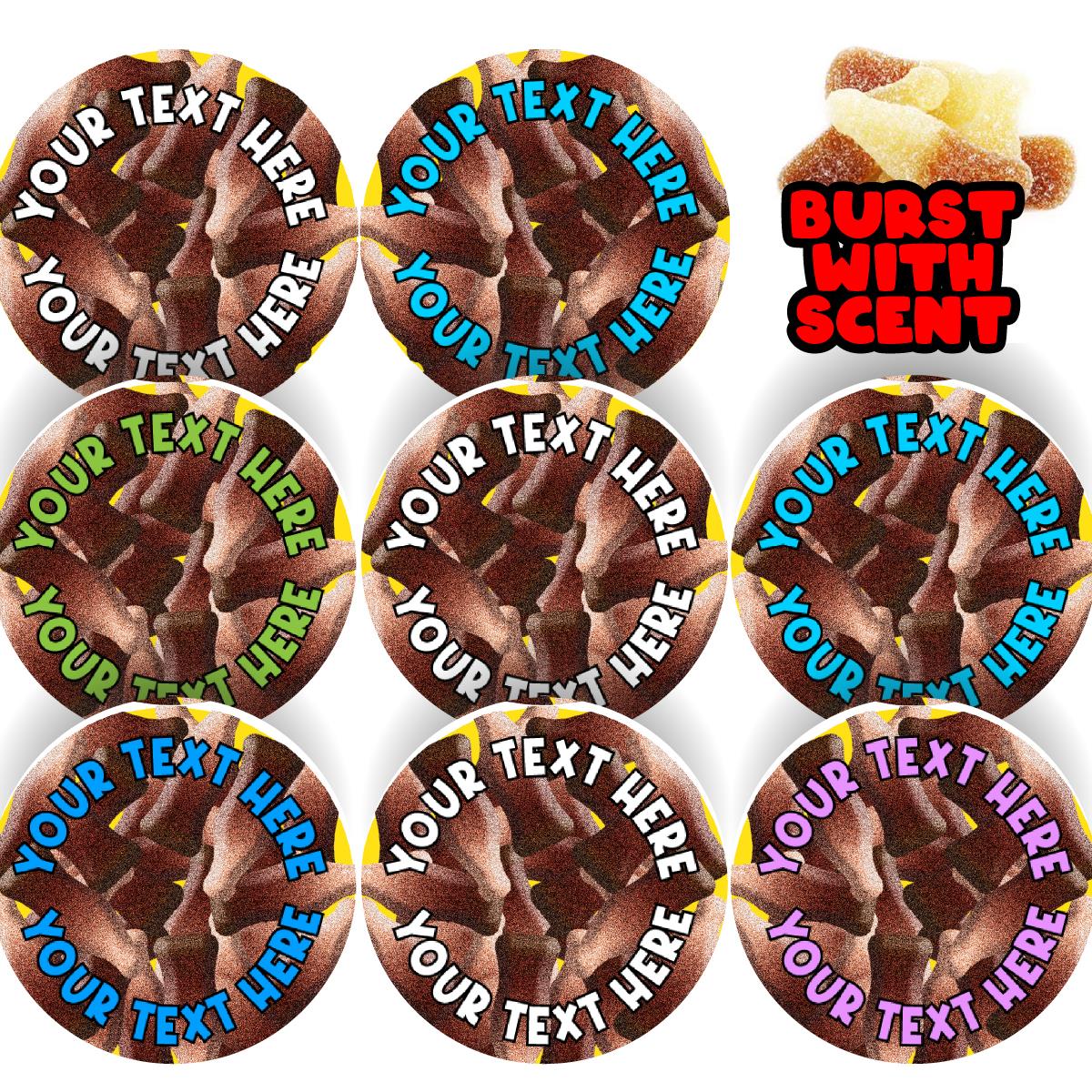 120 Cola Bottle Scented Personalised Stickers - Personalised 30mm Scented Stickers - For Teachers Nursery Parents