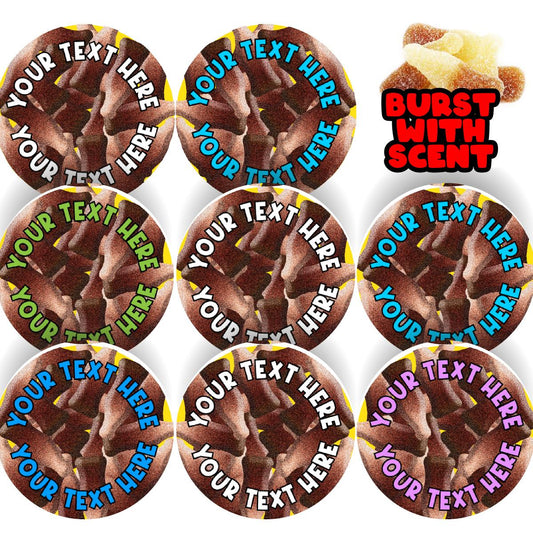 120 Cola Bottle Scented Personalised Stickers - Personalised 30mm Scented Stickers - For Teachers Nursery Parents