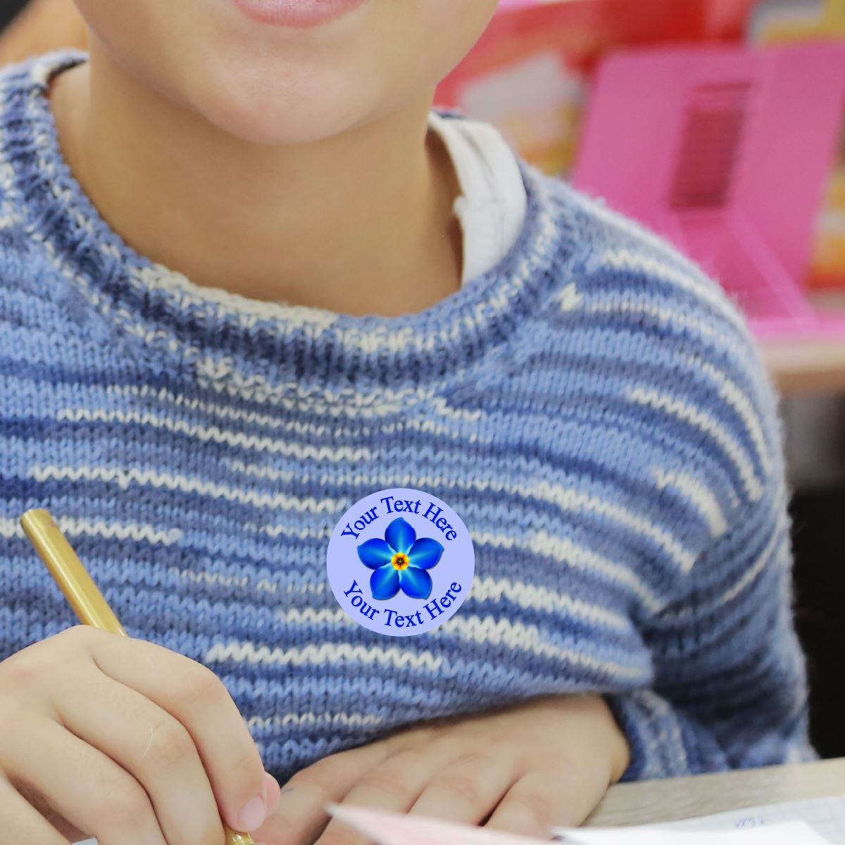144 Personalised Forget me Not 30mm Stickers School Teachers, Alzheimer's Dementia Flower