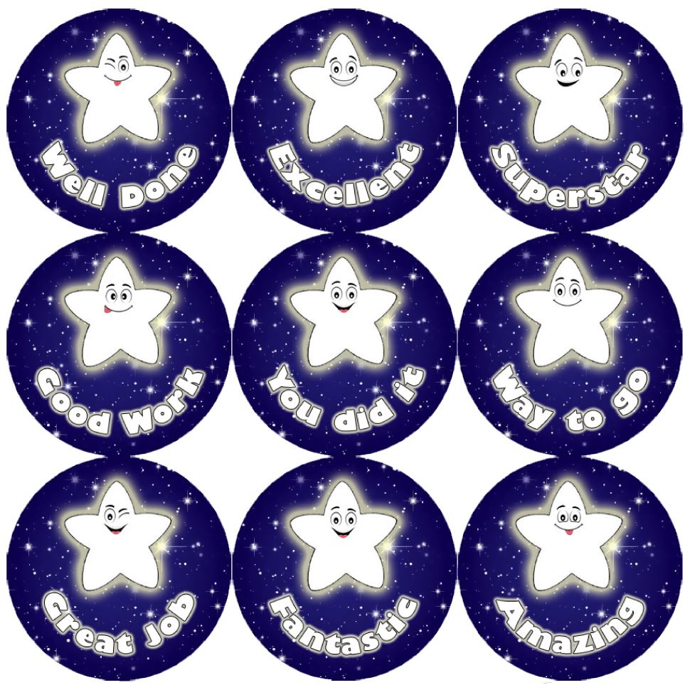 144 Night Star Praise Words 30mm Children's Reward Stickers for Teachers or Parents