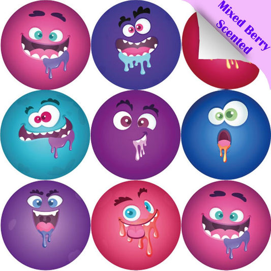 120 Mixed Berry Monsters 30mm Scented Reward Stickers for Teachers, Parents and Party Bags