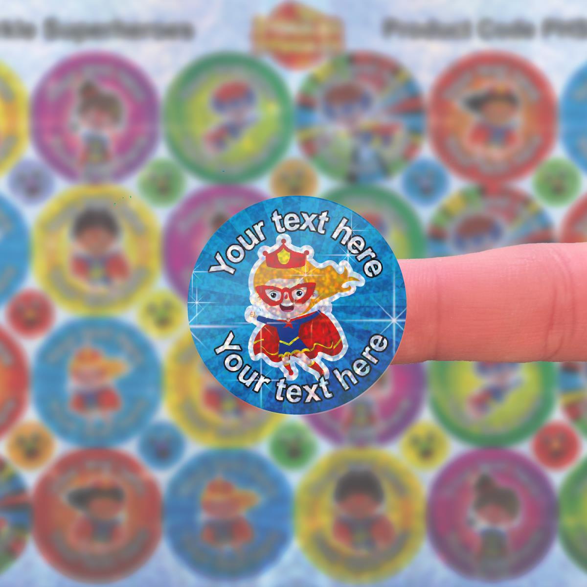 96 Personalised Sparkle Superhero Party 30mm Reward Stickers + 60 Free Sparkle Smiles for School Teachers, Parents and Nursery