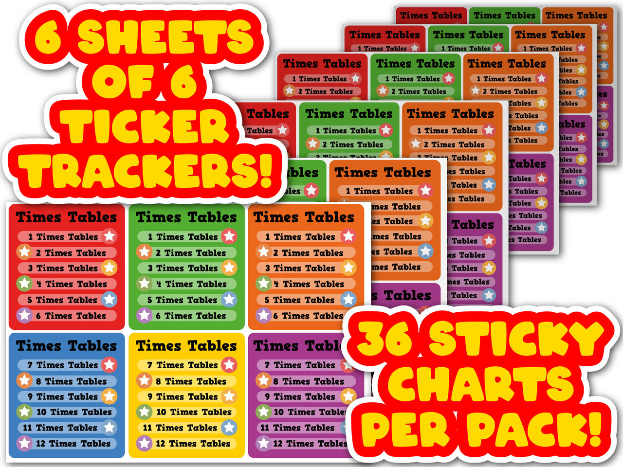 Sticker Stocker - 36 Ticker Trackers - Sticky Reward Charts - Math Times Table Multiplication Themed