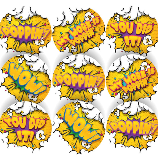 120 Popcorn Poppin' Praise Words 30mm Scented Reward Stickers for Teachers, Parents and Party Bags