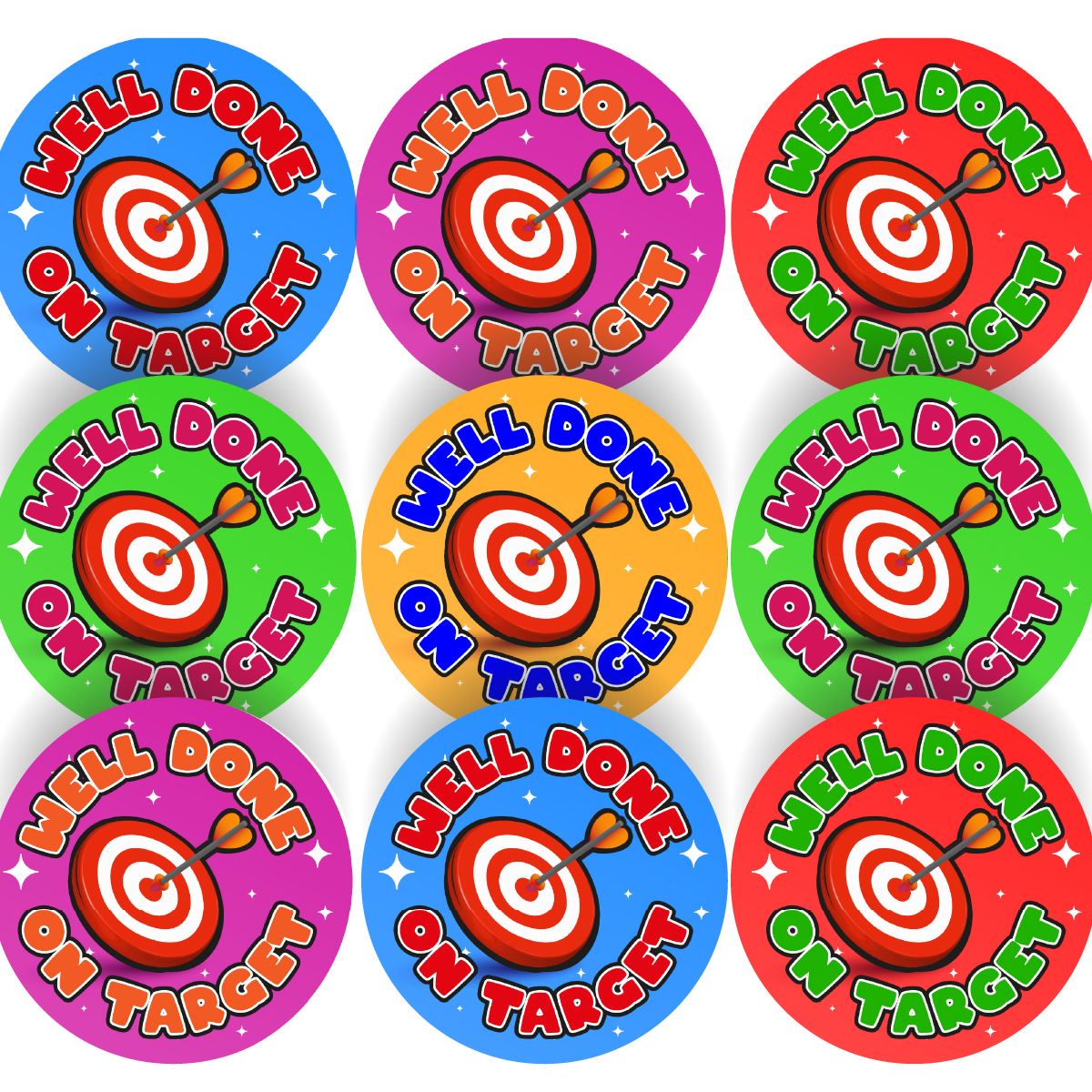 144 Well Done on Target 30mm Glossy Reward Stickers for Teachers & Parents