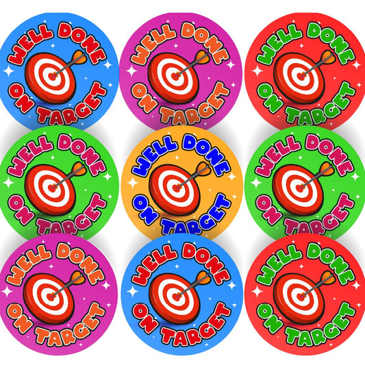 144 Well Done on Target 30mm Glossy Reward Stickers for Teachers & Parents