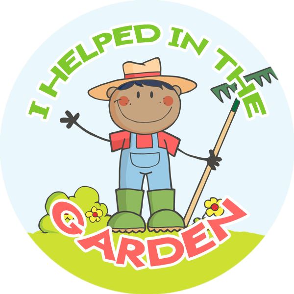 Reward sticker featuring cartoon child gardener with rake and text 'I helped in the garden'.