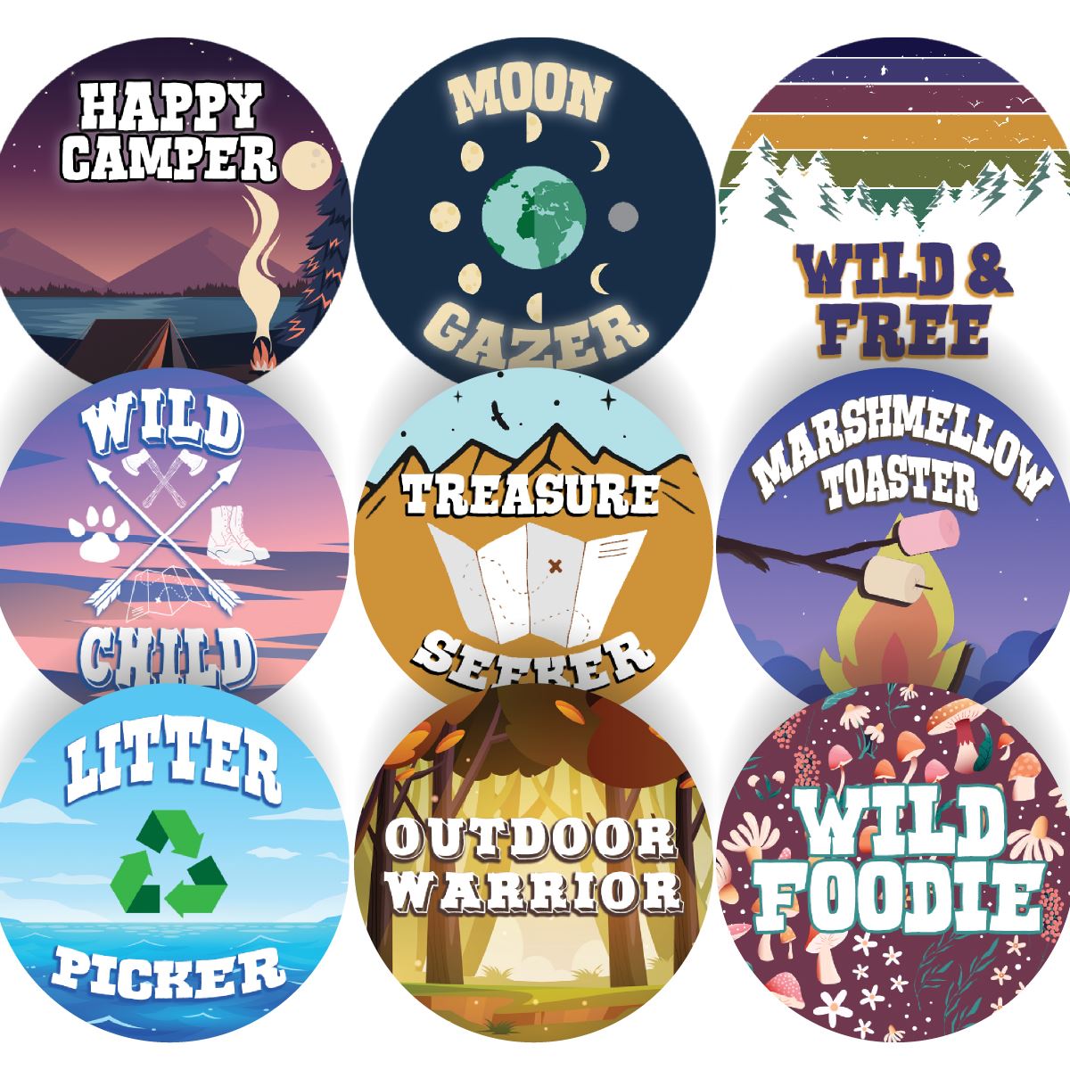144 Wild Child Adventure Camping Stickers - 30mm - Glossy Reward Stickers for Scouts Forest School