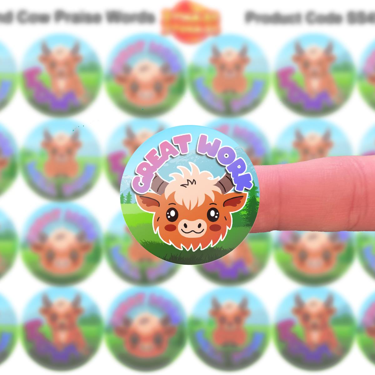 144 Highland Cow Praise Words 30mm Reward Stickers for Schools, Teachers and Parents