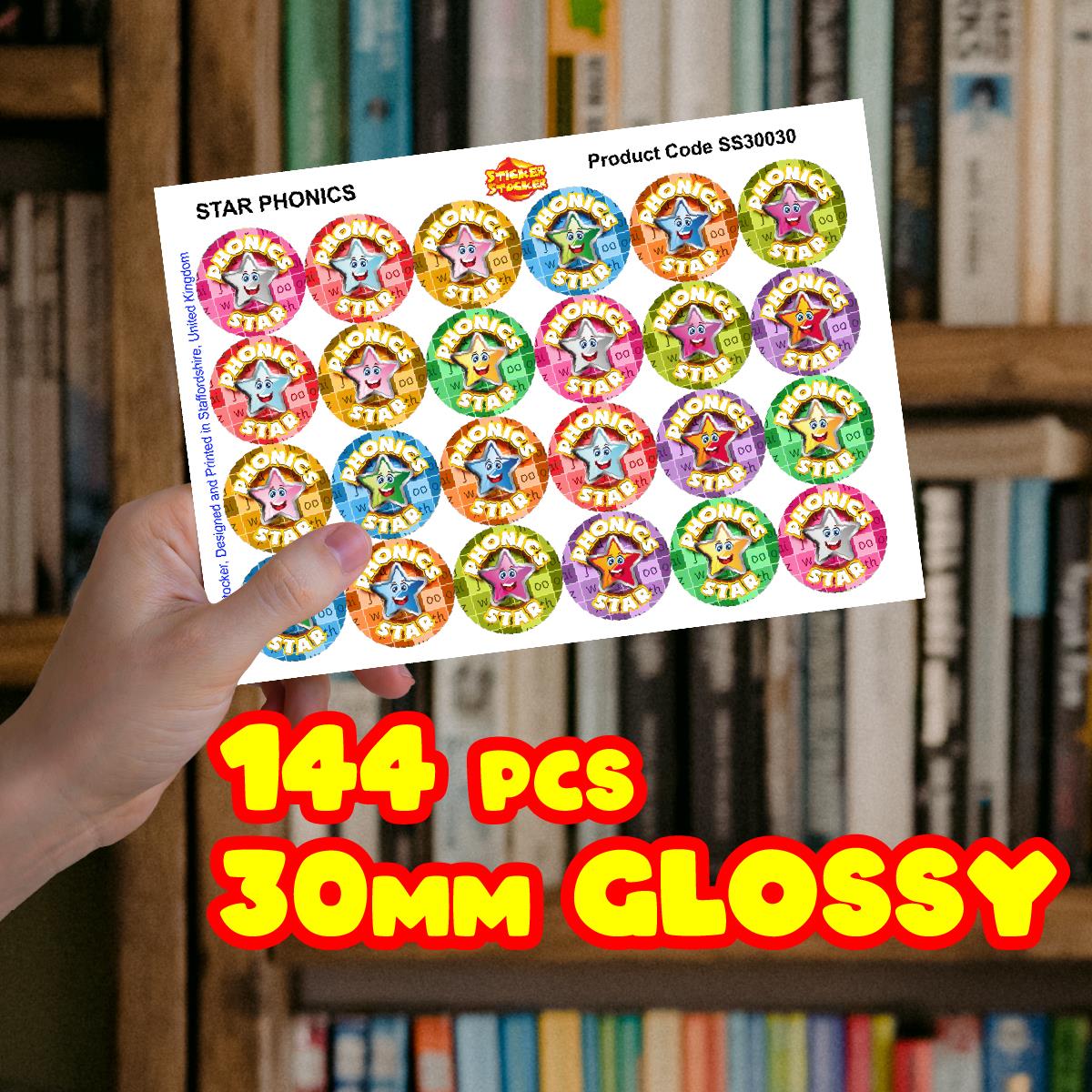 144 Star Phonics - 30mm - Glossy Reward Literacy Stickers for Teachers & Parents