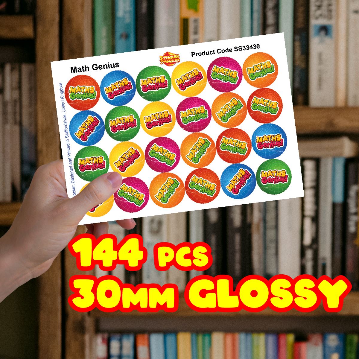 144 Maths Genius - 30mm - Glossy Reward Stickers for Teachers & Parents