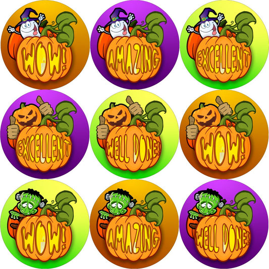 144 Halloween Pumpkins Praise  Words 30mm Round Children's Reward Stickers for Teachers, Parents and Party Bags