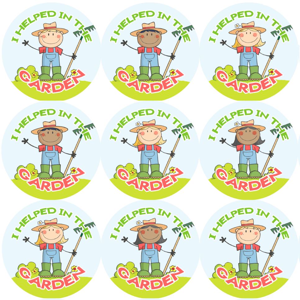 I helped in the garden reward stickers with cartoon children in gardening outfits