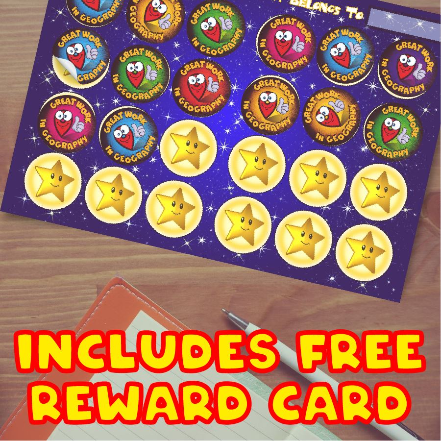 144 Great Work In Geography - 30mm - Glossy Reward Stickers for Teachers & Parents