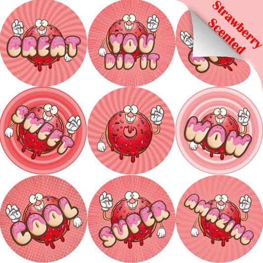 120 Strawberry Doughnut 30mm Scented Reward Stickers for Teachers, Parents and Party Bags